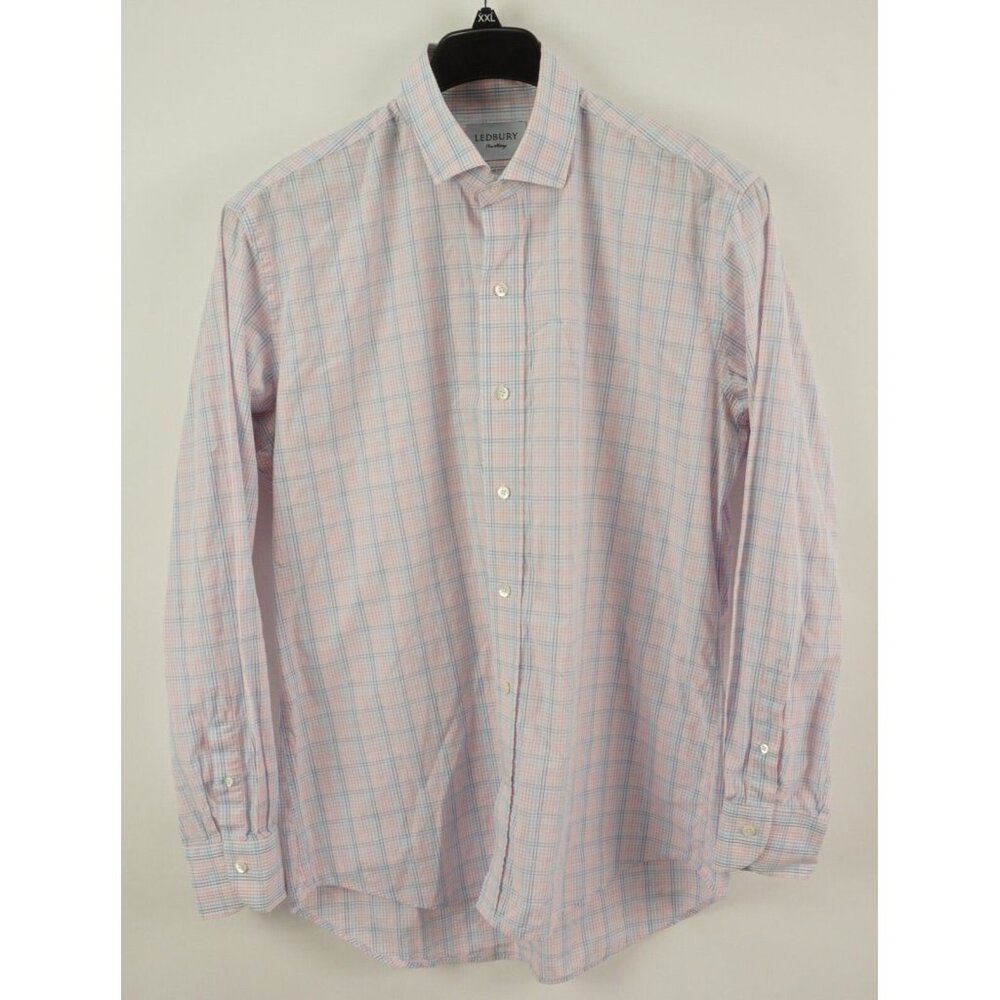 Ledbury Men's 17 - 35 Slim Pink Blue Plaid Lightweight Twill‎ Cotton Dress Shirt